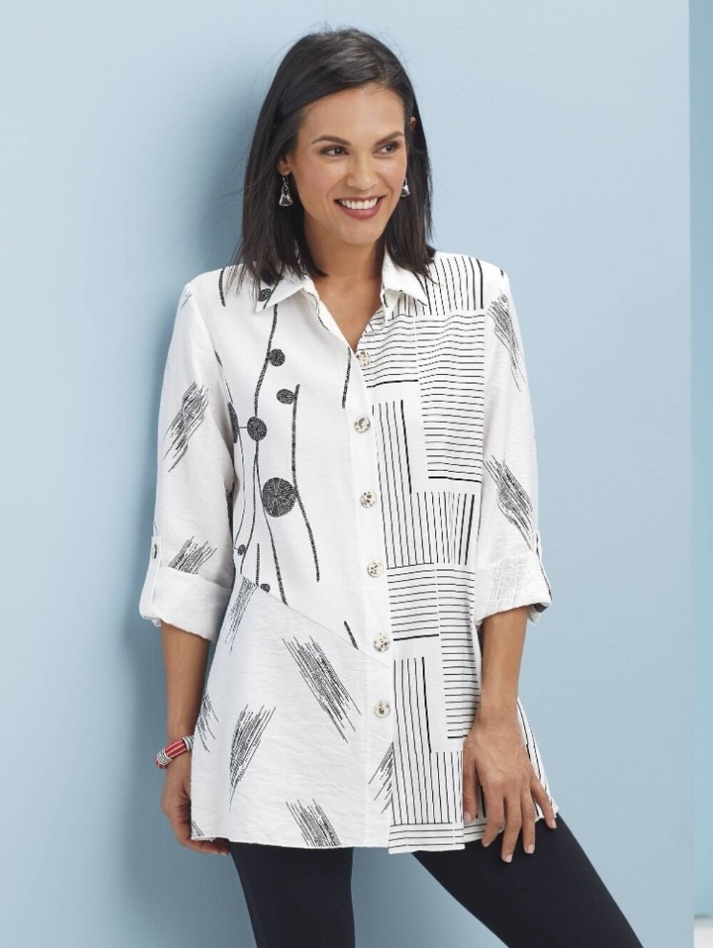 NorthStyle White Mixed Pattern Tunic, Button Front, Collar, Roll-Tab Sleeves SzL